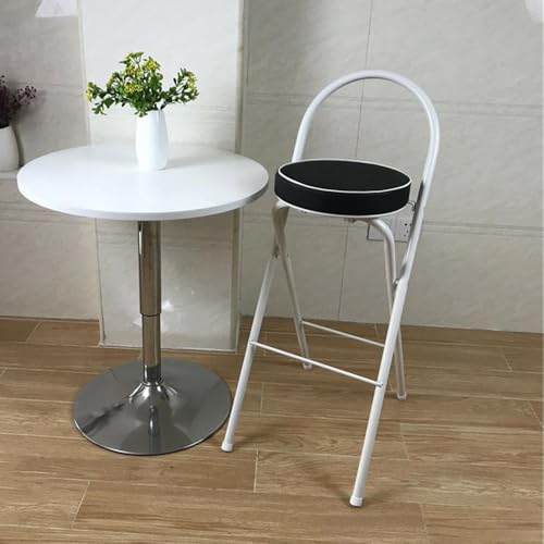 SMELEDFCFK Tragbarer Klappbarer Barstuhl, Leder Gepolsterter Barhocker Runde Sitz, Klappbar Thekenhocker Mit Rückenlehne & Fußstütze, Hoch 60cm 65cm 70cm 75cm(Black+White,70cm) von SMELEDFCFK