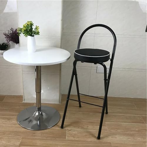 SMELEDFCFK Tragbarer Klappbarer Barstuhl, Leder Gepolsterter Barhocker Runde Sitz, Klappbar Thekenhocker Mit Rückenlehne & Fußstütze, Hoch 60cm 65cm 70cm 75cm(Black,65cm) von SMELEDFCFK