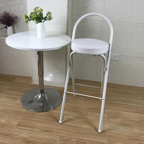 SMELEDFCFK Tragbarer Klappbarer Barstuhl, Leder Gepolsterter Barhocker Runde Sitz, Klappbar Thekenhocker Mit Rückenlehne & Fußstütze, Hoch 60cm 65cm 70cm 75cm(White,75cm) von SMELEDFCFK