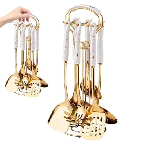 7pcs/Set Küchenutensilien Set Edelstahl Goldutensilien zum Kochen mit Utensilienhalter -Geschirrspüler, sicheres Metallküchenwaren - inklusive Spatel Ladle Nudellöffel (Golden) von SMELEYOU