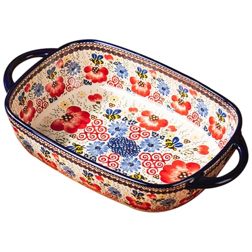 Auflaufform 1900 ml hitzebeständiger Keramikofenschale mit zwei Griffen Blütendruck Rechteck Lasagne-Schale Nicht-Schlupf-Waschanlaufschalter für den Ofen von SMELEYOU