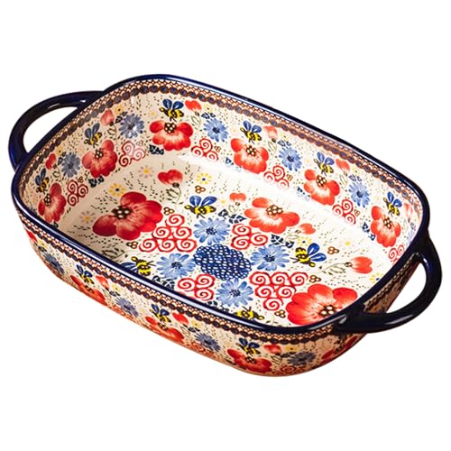 Backpelke 730 ml Hitzeresistente Keramikofenschale mit zwei Griffen Blütendruck Rechteck Lasagne-Schale Nicht-Schlupf-Waschanlaufschalter für den Ofen von SMELEYOU