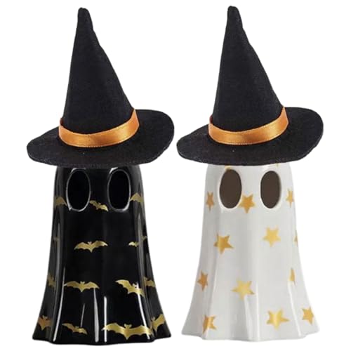 Halloween Figuren 2pcs süße Harzleuchten Ghost Figur mit Hexenhut gruselige Wohnkultur für Innenräume Garten Terrasse Rasen Halloween Figuren 2pcs süße Harzleuchten Ghost Figur mit Hexenhut gruselige Wohnkultur für Innenräume Garten Terrasse Rasen von SMELEYOU