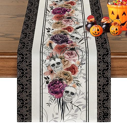 Halloween Party Dekoration Tischläufer 33x183 cm Schädel Rosendruck wasserdichtes Tischdekor Gothic Unfleed Hitzebeständiges Halloween Deko für Esstisch TV Ständer von SMELEYOU