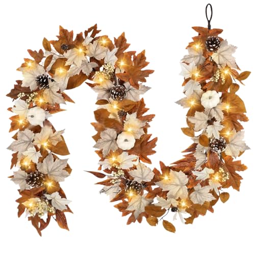 Herbstgirlande mit Lichtern 6 Fuß Herbstblätter Girlande mit Kiefernkegel Kürbissen Beeren Thanksgiving Dekor für Home Tisch Veranda Kamin von SMELEYOU