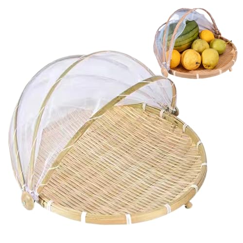 SMELEYOU Bambuskorb 14, 2x9.8 Staubfest Obstkorb mit Abdeckung Sichtbares atmungsaktives Mesh -Lebensmittelabdeckungen tragbares runde Lebensmittelzelt für Gemüse -Obst Brot von SMELEYOU