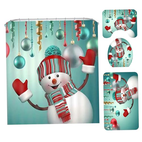 SMELEYOU Duschvorhang Weihnachten Set Christmas Shower Curtains Badezimmer Vorhang 4pcs/Set wasserdichtes Weihnachtsbad schnelles Trocknen Metall Grommet Ziffer Print Weihnachtsbadezimmerdekoration von SMELEYOU
