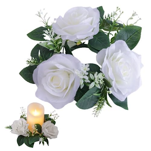 Kerzenringe 9 Zoll künstliche Rosenkerzenringe Kränze mit grünem Eukalyptus Blätter kleine Kerzenringe für Säule Hochzeit Kernstück Weihnachtskerze Ringe Weiß von SMELEYOU