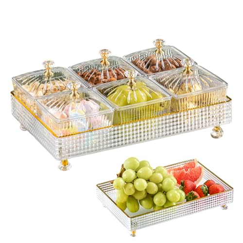 SMELEYOU Snackteller Snackschale Transparente Servierplatte mit Deckel Snackteller mit Fächern 6 Gitter Fruchtschüsselkasten Set geteilte Nussschale Plastikdesserts Servierplatte Snack Candy Tably von SMELEYOU