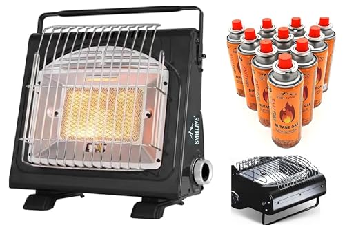 SMH LINE® 2in1 Tragbare Gasheizung Camping Gasstrahler Heizung Outdoor Zelten Wohnwagen 1.7 KW Brenner Kocher + Butan Gas Gaskartuschen Keramik Heizstrahler (Gasheizung mit 8x Gas) von SMH LINE