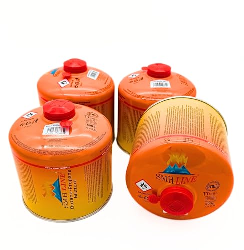 SMH LINE® 4x 500g Butan Schraubkartusche Universalgewinde 7/16 Gaskartuschen Ventilkartusche EN 417 Gewinde Ventil Bunsenbrenner Propan Mix Campingkocher Gaskocher Gasheizung Lötbrenner Orange von SMH LINE