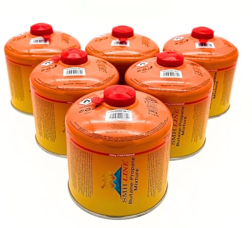 SMH LINE® 6, 12x 500g Butan Schraubkartusche Universalgewinde 7/16 Gaskartuschen Ventilkartusche EN 417 Gewinde Ventil Bunsenbrenner Propan Mix Campingkocher Gaskocher Gasheizung Lötbrenner (6x 500) von SMH LINE
