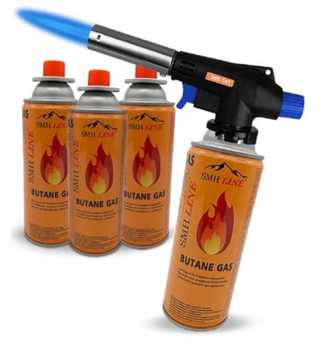 SMH LINE® Brenneraufsatz inkl. 4 Gaskartuschen Butan Brenner Bunsenbrenner Gas Lötbrenner Gasbrenner Flambiergerät Lötlampe Gaskartuschen von SMH LINE