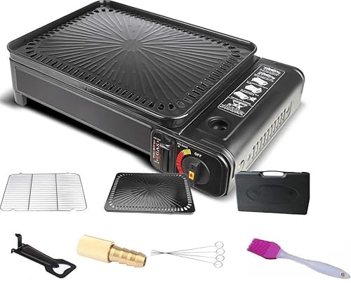 SMH LINE® 2-in-1 Camping Gasgrill Set Campinggrill Balkon-Grill Tischgrill Campingkocher Tragbarer Koffer Gas Grill BBQ inkl. Zubehör Grillgitter Grillpfannenclip Kassettengrill von SMH LINE
