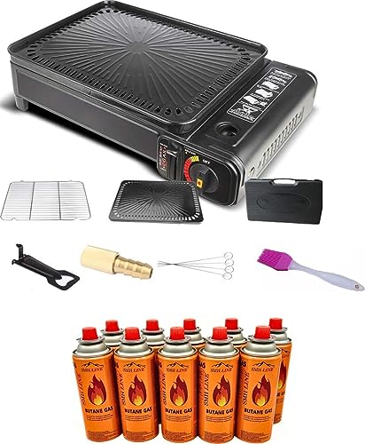 SMH LINE® 2-in-1 Camping Gasgrill Set inkl. 8x Gaskartuschen Campinggrill Kocher Balkon-Grill Tischgrill Koffer Gas Grill BBQ inkl. Zubehör Grillgitter Grillpfannenclip Kassettengrill von SMH LINE