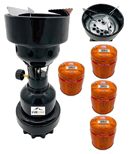 SMH LINE® Campingkocher Kohleanzünder Gaskocher Grillanzünder + 4x Gaskartuschen 190g Stechkartuschen Butan Propan Mix Metall Gasbrenner Grill Camping Outdoor (Schwarz + 4x 190g Gaskartuschen) von SMH LINE