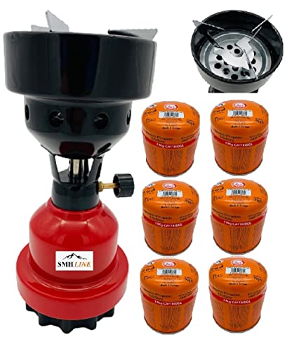 SMH LINE® Campingkocher Kohleanzünder Gaskocher Grillanzünder + 6x Gaskartuschen 190g Stechkartuschen Butan Propan Mix Metall Gasbrenner Grill Camping Outdoor (Rot + 6x 190g Gaskartuschen) von SMH LINE