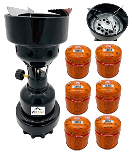 SMH LINE® Campingkocher Kohleanzünder Gaskocher Grillanzünder + 6x Gaskartuschen 190g Stechkartuschen Butan Propan Mix Metall Gasbrenner Grill Camping Outdoor (Schwarz + 6x 190g Gaskartuschen) von SMH LINE