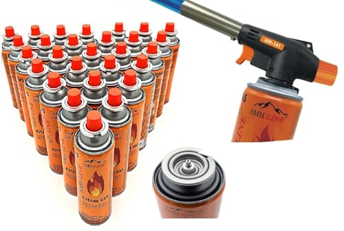 SMH LINE® Gasbrenner inkl. 16x Gaskartuschen 227g Küche Lötlampe Bunsenbrenner 1300°C Lötbrenner Brenneraufsatz Flambiergerät Piezozündung Schweißbrenner (Gasbrenner mit 16x gas) von SMH LINE