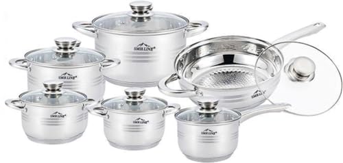 SMHLINE® 12-tlg Topfset Töpfe Set induktionsgeeignet Kochtopf Set Pfannen Edelstahl Kochgeschirr Pfannenset Glasdeckel Küchensets Bratpfanne von SMH LINE