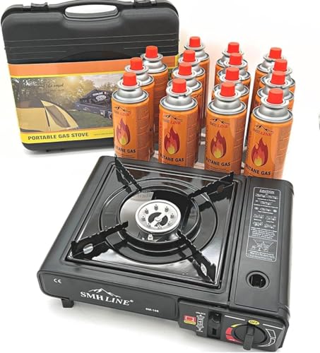 SMHLINE® Campingkocher Gaskocher Set inkl. 12x Gaskartuschen 227g Butan Gas Camping Herd Outdoor Tischgrill 1 flammig Piezozündung Tragekoffer von SMH LINE