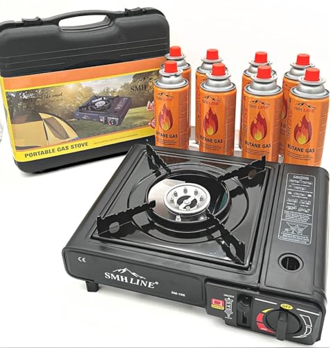 SMHLINE® Campingkocher Gaskocher Set inkl. 8x Gaskartuschen 227g Butan Gas Camping Herd Outdoor Tischgrill 1 flammig Piezozündung Tragekoffer von SMH LINE