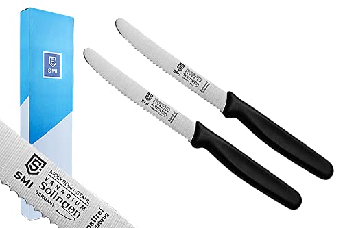 SMI - 2 Stück Tomatenmesser Tischmesser Solingen Küchenmesser Wellenschliff Frühstücksmesser Brötchenmesser Gemüsemesser Obstmesser Farbe Schwarz Made in Solingen Germany SMI - 2 Stück Tomatenmesser Tischmesser Solingen Küchenmesser Wellenschliff Frühstücksmesser Brötchenmesser Gemüsemesser Obstmesser Farbe Schwarz Made in Solingen Germany von SMI