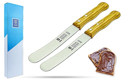 SMI - 22,5 cm Solingen Brötchenmesser Buttermesser Frühstücksmesser Buckelsmesser aus Olivenholz Griff, Nicht spülmaschinenfest - 2 Stück von SMI