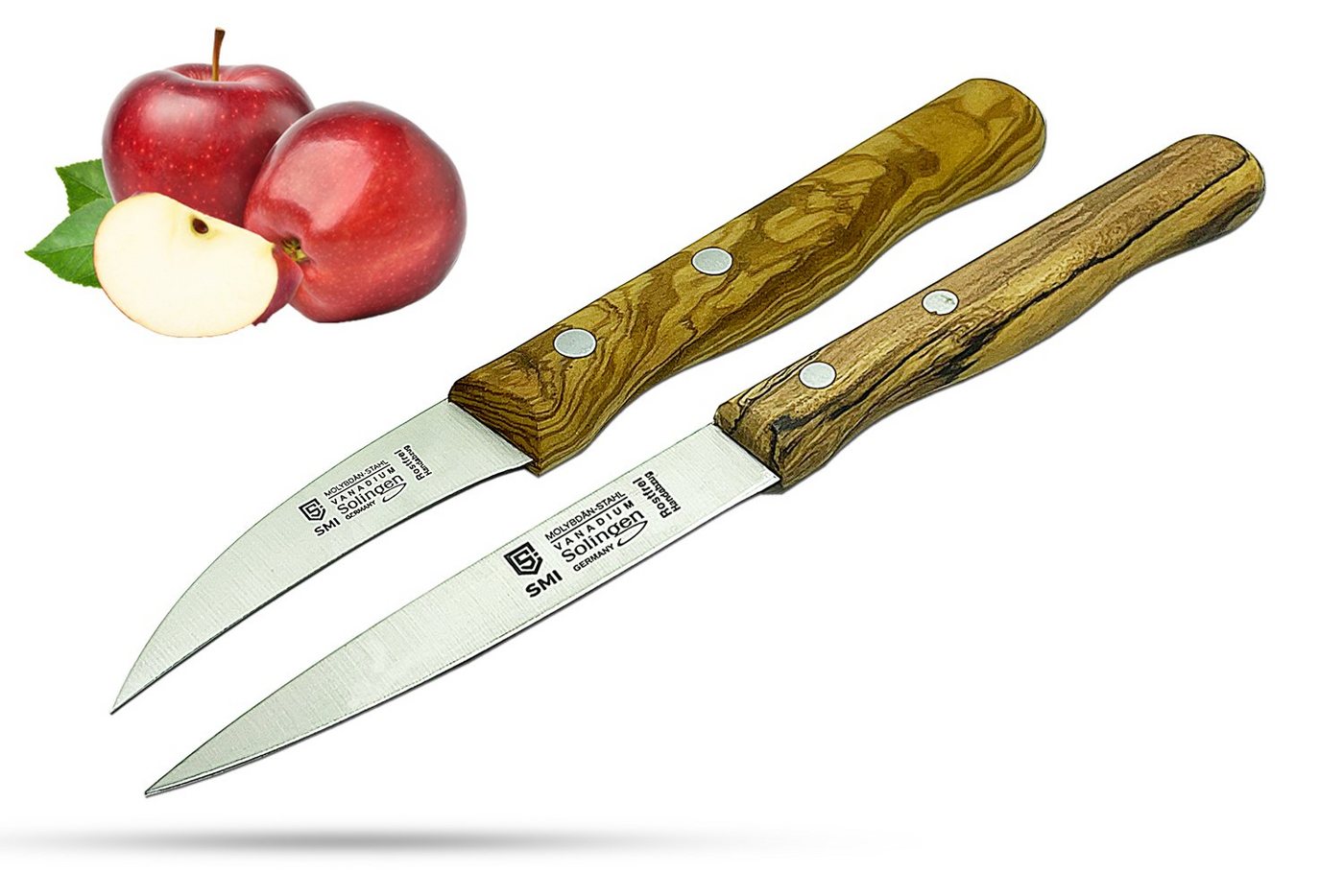 SMI Schälmesser 2-tlg Solingen Küchenmesser Schälmesser Gemüsemesser Olivenholz, gerade und gebogen von SMI