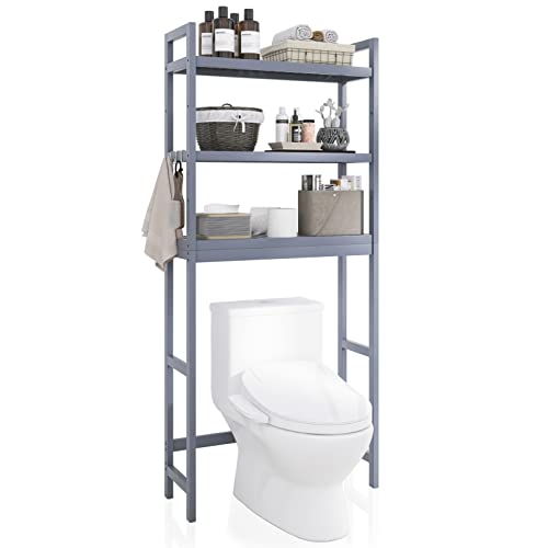 SMIBUY Badezimmer-Aufbewahrungsregal, Bambus-Über-der-Toilette-Organizer-Rack, freistehender WC-Platzsparer mit 3-stufigen verstellbaren Regalen (Grau) von SMIBUY