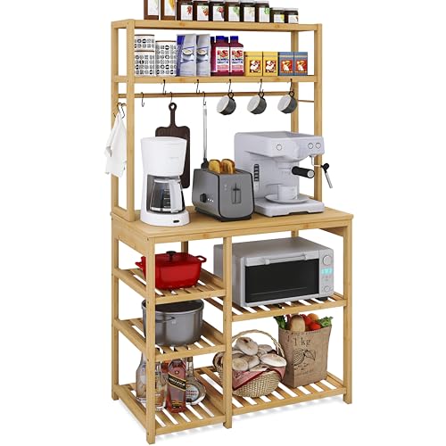 SMIBUY Kitchen Baker's Rack, 6-stöckiger Bambus-Mikrowellenständer mit Utility-Aufbewahrungsregalen, Coffee-Bar-Tischstation, Küchen-Organizer-Rack mit 10 S-förmigen Haken, 80 CM Breite (natürlich) von SMIBUY