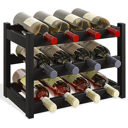 SMIBUY Bambus-Weinregal, 12 Flaschen-Display-Halter, 3-stöckige freistehende Lagerregale für Küche, Speisekammer, Keller, Bar (Schwarz) von SMIBUY