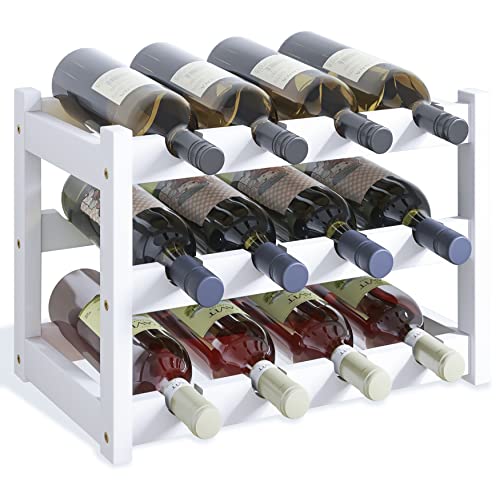 SMIBUY Bambus-Weinregal, 12 Flaschen-Display-Halter, 3-stöckige freistehende Lagerregale für Küche, Speisekammer, Keller, Bar (Weiß) von SMIBUY