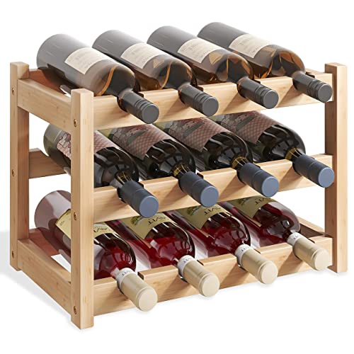 SMIBUY Bambus-Weinregal, 12 Flaschen-Display-Halter, 3-stöckige freistehende Lagerregale für Küche, Speisekammer, Keller, Bar (natürlich) von SMIBUY