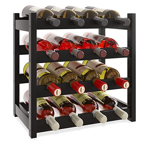 SMIBUY Bambus-Weinregal, 16 Flaschen-Display-Halter, 4-stöckige freistehende Lagerregale für Küche, Speisekammer, Keller, Bar (Schwarz) von SMIBUY