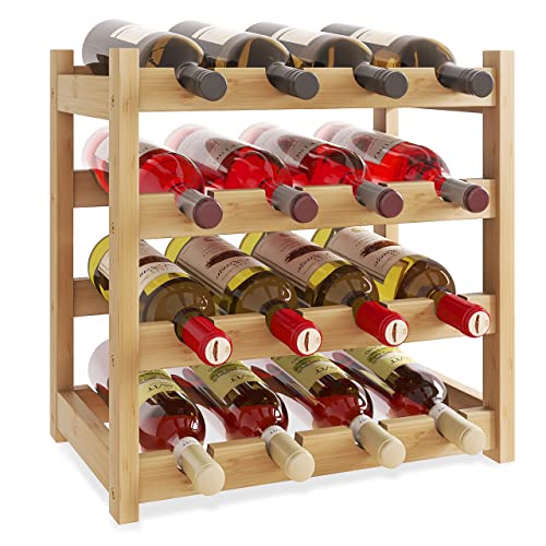 SMIBUY Bambus-Weinregal, 16 Flaschen-Display-Halter, 4-stöckige freistehende Lagerregale für Küche, Speisekammer, Keller, Bar (natürlich) von SMIBUY