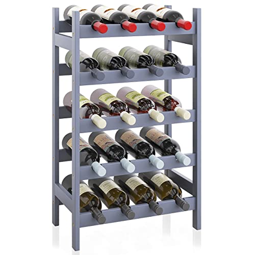 SMIBUY Bambus-Weinregal, 20 Flaschen-Display-Halter, 5-stöckige freistehende Lagerregale für Küche, Speisekammer, Keller, Bar (Grau) von SMIBUY