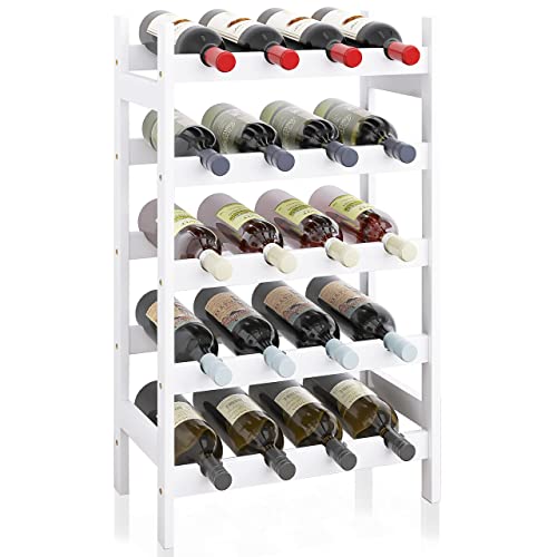SMIBUY Bambus-Weinregal, 20 Flaschen-Display-Halter, 5-stöckige freistehende Lagerregale für Küche, Speisekammer, Keller, Bar (Weiß) von SMIBUY