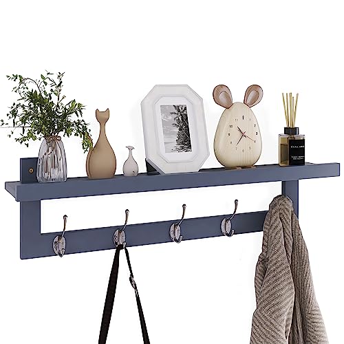 SMIBUY Kleiderhaken mit Regal Wandmontage, 74 cm Eingangsbereich Garderobe für Wand, Bambus-Hängeregal mit 5 Doppel-Metallhaken für Badezimmer, Schlafzimmer, Küche, Wohnzimmer, Mudroom (Grau) von SMIBUY