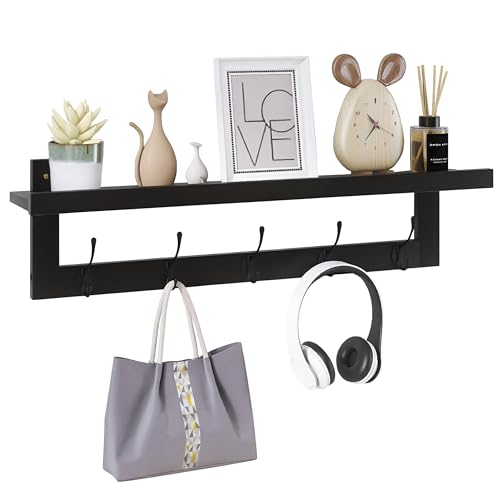 SMIBUY Kleiderhaken mit Regal Wandmontage, 74 cm Eingangsbereich Garderobe für Wand, Bambus-Hängeregal mit 5 Doppel-Metallhaken für Badezimmer, Schlafzimmer, Küche, Wohnzimmer, Mudroom (Schwarz) von SMIBUY