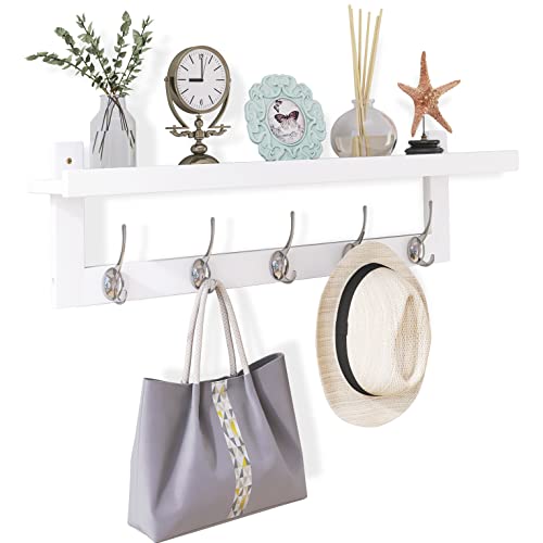 SMIBUY Kleiderhaken mit Regal Wandmontage, 74 cm Eingangsbereich Garderobe für Wand, Bambus-Hängeregal mit 5 Doppel-Metallhaken für Badezimmer, Schlafzimmer, Küche, Wohnzimmer, Mudroom (Weiß) von SMIBUY