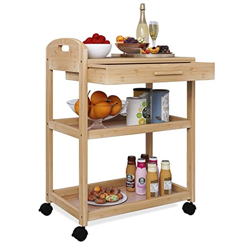 SMIBUY Kücheninsel Wagen auf Rädern mit Lagerung Schublade & Regale, Bambus 3-Tier Rolling Utility Serving Rack mit Massivholz Arbeitsplatte & Lockable Casters (Natural) von SMIBUY