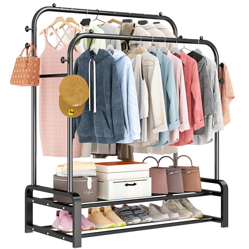 SMILOVII Multifunktionalen freistehenden Kleiderständer mit Doppelruten-Design kleiderbügel, 8 Haken und 2 Schuhregalen können, für Schlafzimmer Garderobenständer-Schwarz von SMILOVII