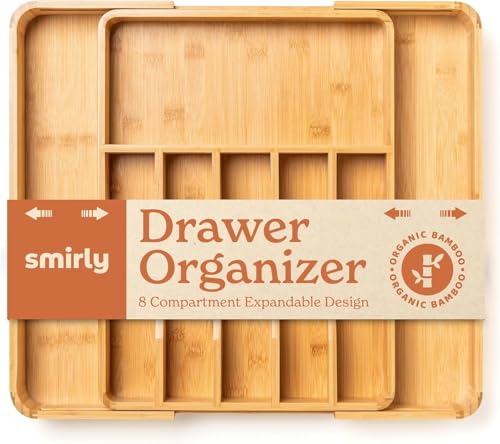 SMIRLY Kitchen Drawer Organizer - Utensil Tray Drawer Organizer, Silverware Tray for Drawer, Silverware Organizer Drawer, Bamboo Drawer Organizer Kitchen Utensil Organizer von SMIRLY