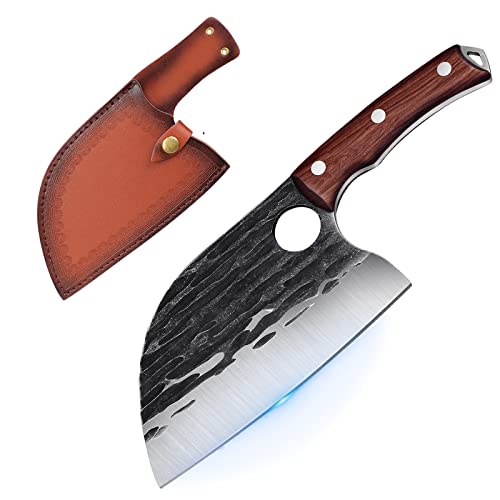 SMITH CHU Hackmesser Serbisches Metzgermesser Handgeschmiedetes Kochmesser Küchenmesser Fleischerbeil Fleisch Gemüse scharfes Ausbeinmesser mit Lederschiede Full Tang Outdoor für BBQ Camping von SMITH CHU