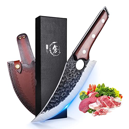 SMITH CHU handgeschmiedetes Ausbeinmesser mit Lederscheide Professionelles Kochmesser Küchenmesser Tragbares Campingmesser Kohlenstoffreisches Metzgermesser Full Tang mehrzweck bbq Zuhause Outdoor von SMITH CHU