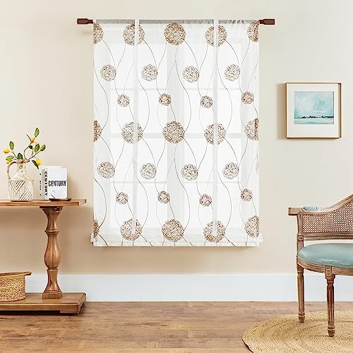 SMITHOOM Voile Raffrollos Elegant Raffgardine Hortensien-Stickerei Durchscheinend Stangentaschen Raffvorhang für Küche, Schlafzimmer, Badezimmer, Fensterdekoration, Braun, 117 x 160cm von SMITHOOM