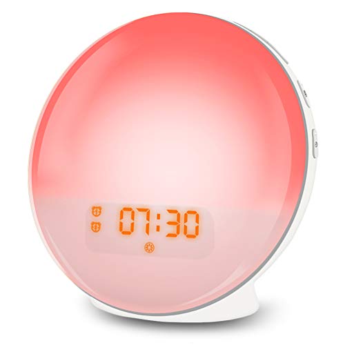 Lichtwecker LED Wake Up Light, Wecker mit Sonnenaufgangssimulation, Tageslichtwecker FM Radio Wecker mit Licht 7 Farben, 7 Wecktöne Wecker Kinder Alarm Clock Digital Uhr Nachtlicht Nachttischlampe von SMITHROAD