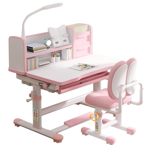 SMIXLVY Set aus Schreibtisch und Stuhl für Kinder, Arbeitstisch mit ergonomischem Stuhl, höhenverstellbar, mit Ablage und großen Schubladen, ergonomischer Lerntisch für Mädchen von SMIXLVY