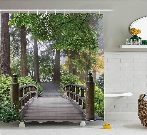 SMLJFO Apartment Decor Collection Foggy Morning Holzbrücke im Garten mit verschiedenen Arten von Bäumen im Herbst Polyestergewebe Badezimmer Duschvorhang Beige Grün 183 x 183 cm von SMLJFO